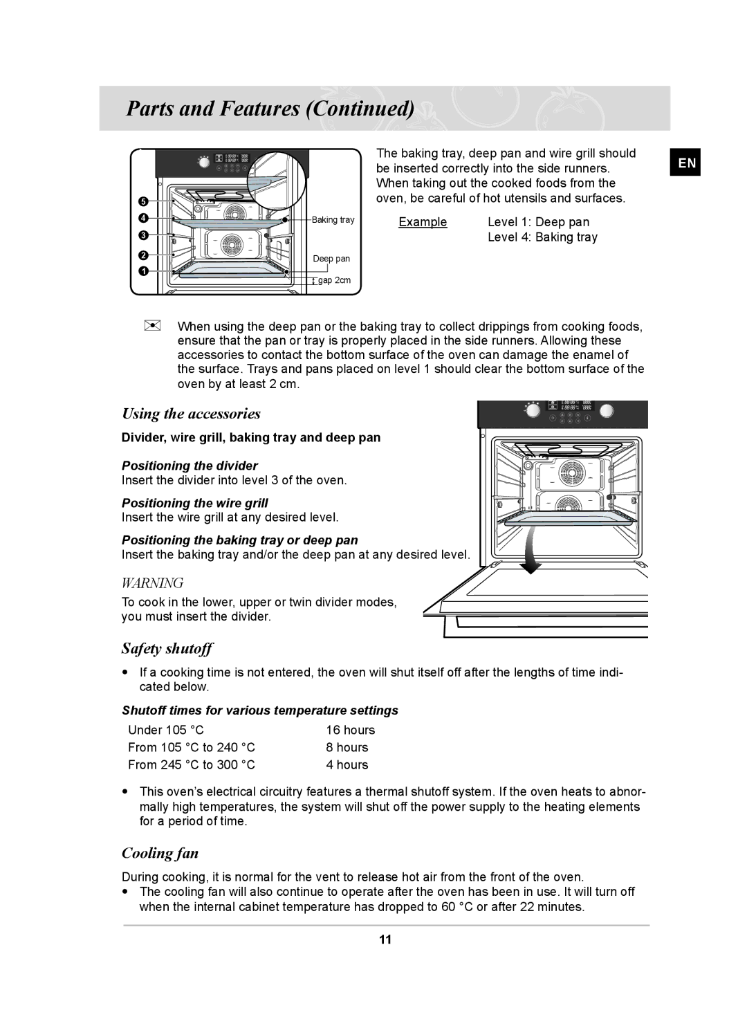 Samsung BT63CDGB/BOL manual Using the accessories, Safety shutoff, Cooling fan 