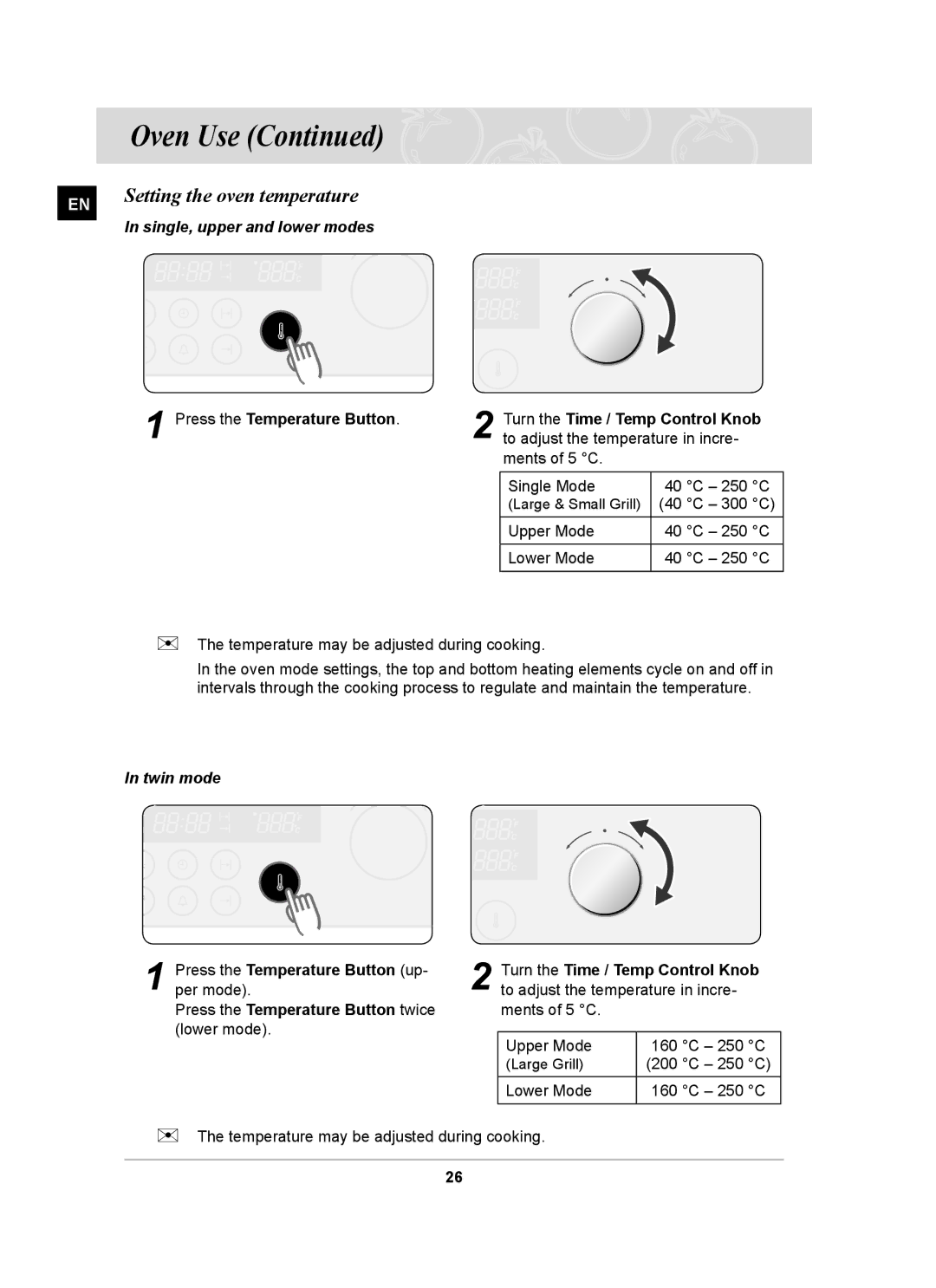 Samsung BT63CDGB/BOL manual Setting the oven temperature, Press the Temperature Button twice 