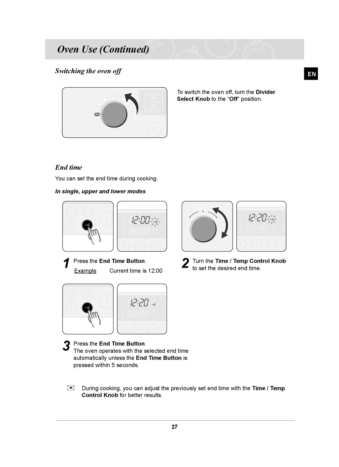 Samsung BT63CDGB/BOL manual Switching the oven off, End time, Single, upper and lower modes, Press the End Time Button 