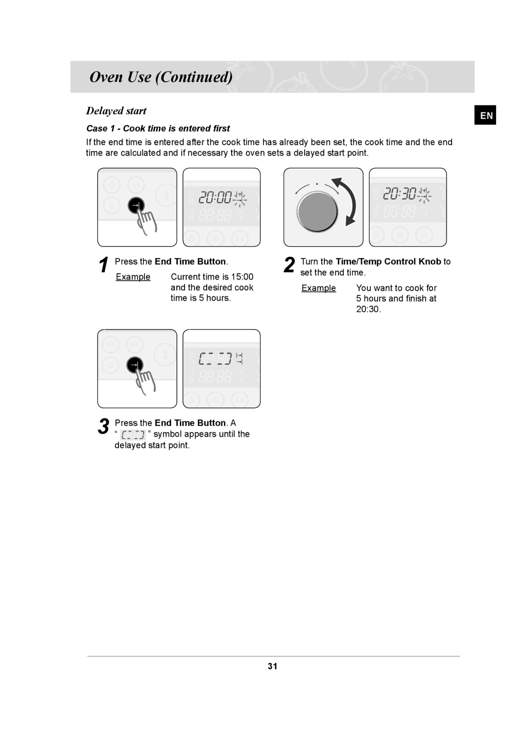 Samsung BT63CDGB/BOL Delayed start, Case 1 Cook time is entered first, Turn the Time/Temp Control Knob to set the end time 