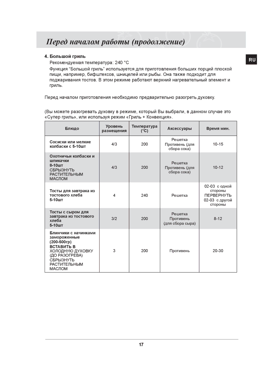 Samsung BT63CDSTR/BWT, BT63CDSTR/SBW manual Большой гриль Рекомендуемая температура 240 С 