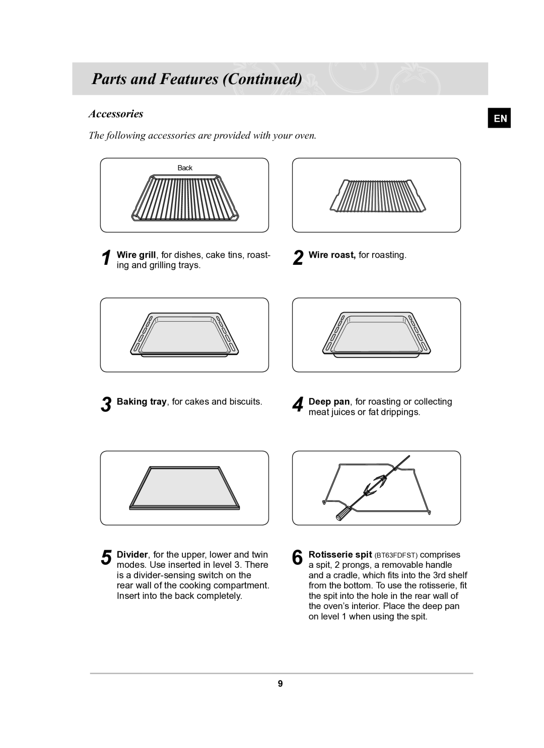 Samsung BT63FDST/SLI manual Accessories, Following accessories are provided with your oven 