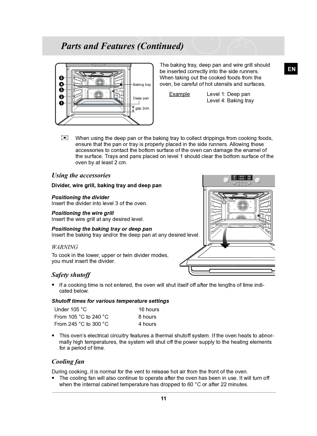 Samsung BT63FDST/SLI manual Using the accessories, Safety shutoff, Cooling fan 