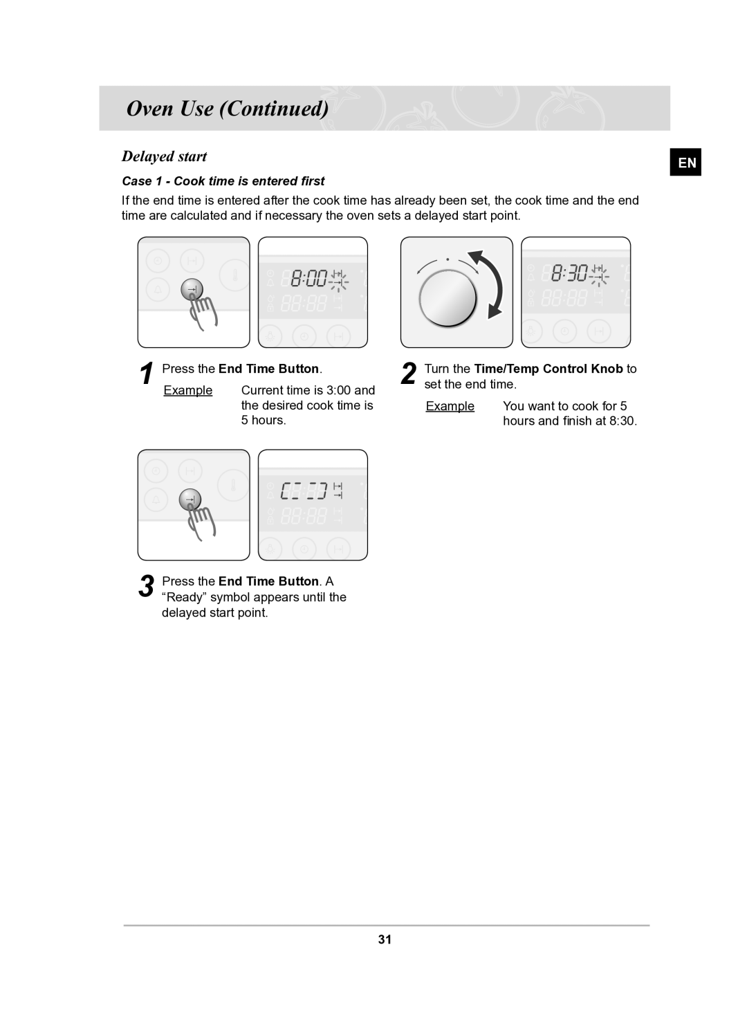 Samsung BT63FDST/SLI manual Delayed start, Case 1 Cook time is entered ﬁrst 