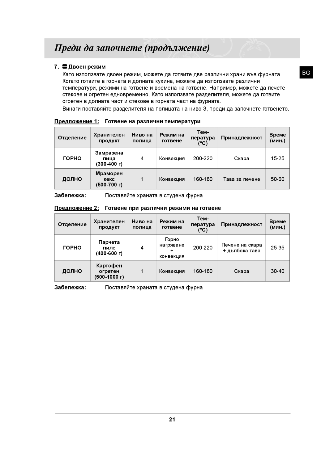 Samsung BT63TDFST/XEH, BT63TDFST/BOL manual Предложение 1 Готвене на различни температури 