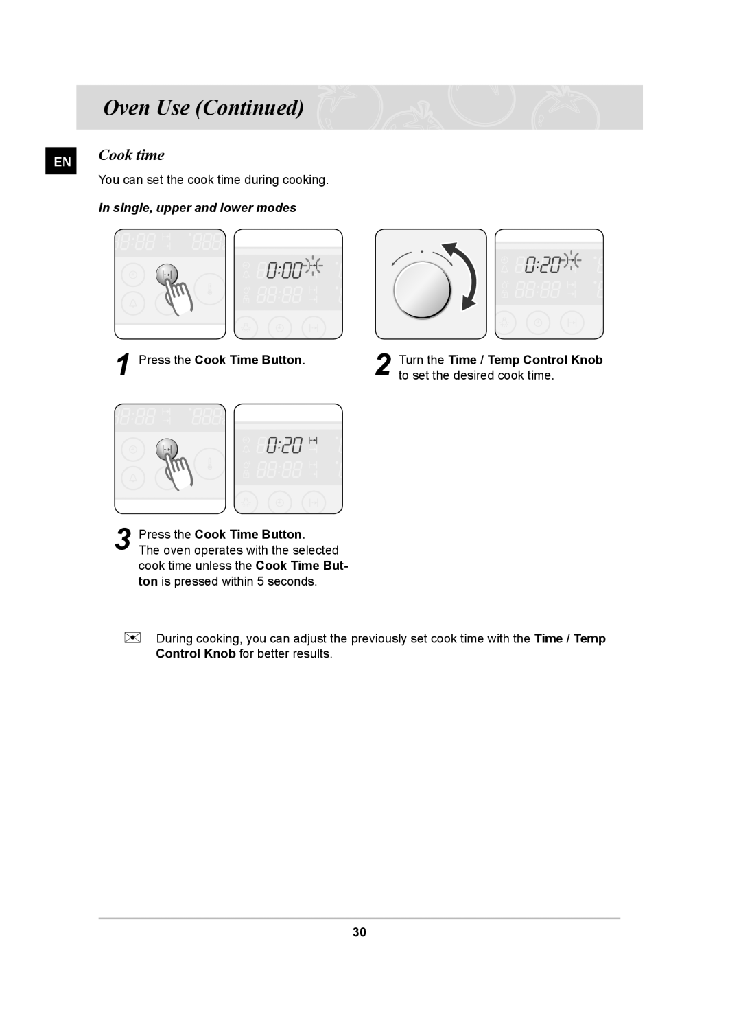 Samsung BT63TDFST/BOL, BT63TDFST/XEH manual Cook time, You can set the cook time during cooking, Press the Cook Time Button 