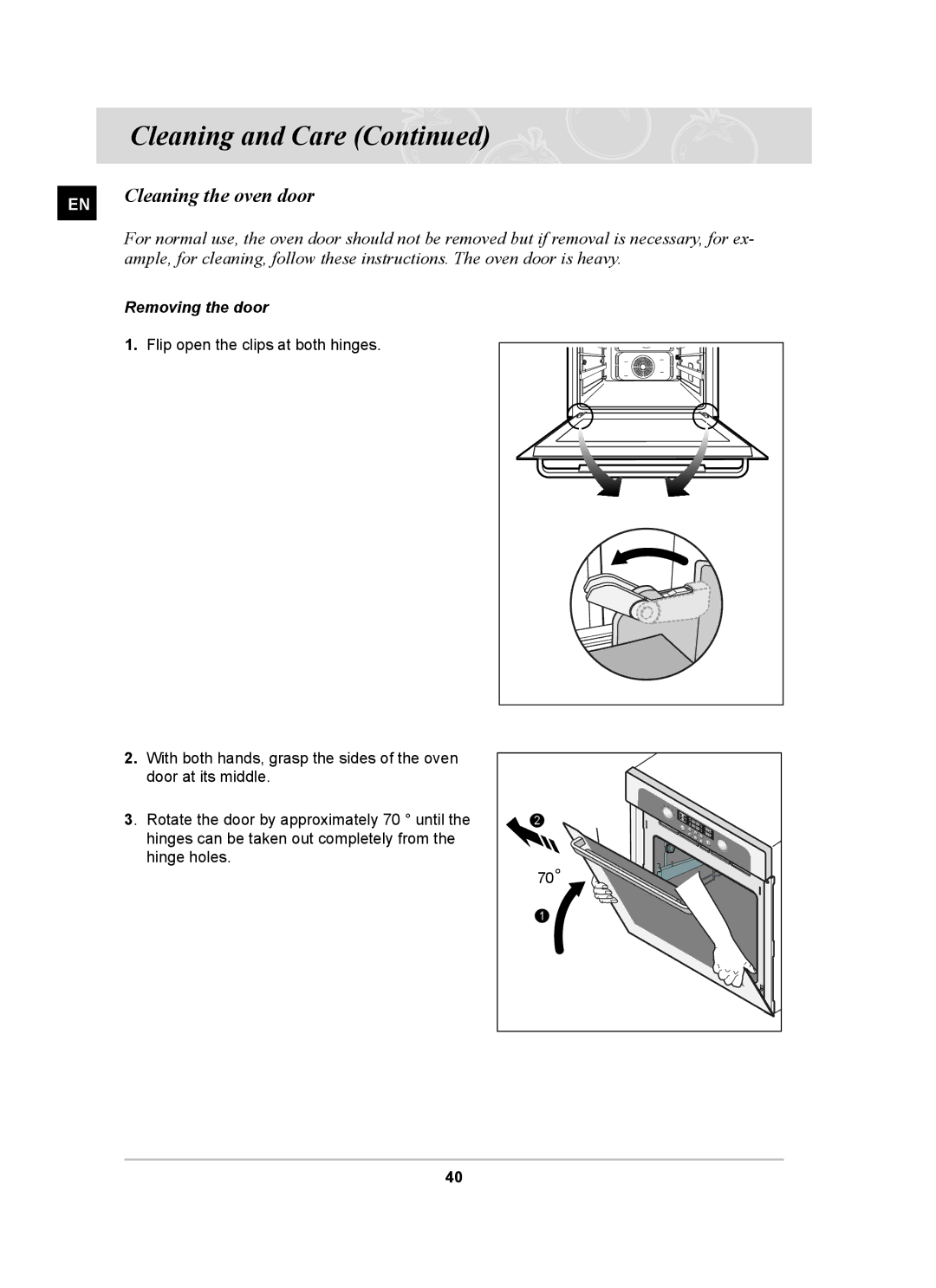 Samsung BT63TDFST/BOL, BT63TDFST/XEH manual Cleaning the oven door, Removing the door 