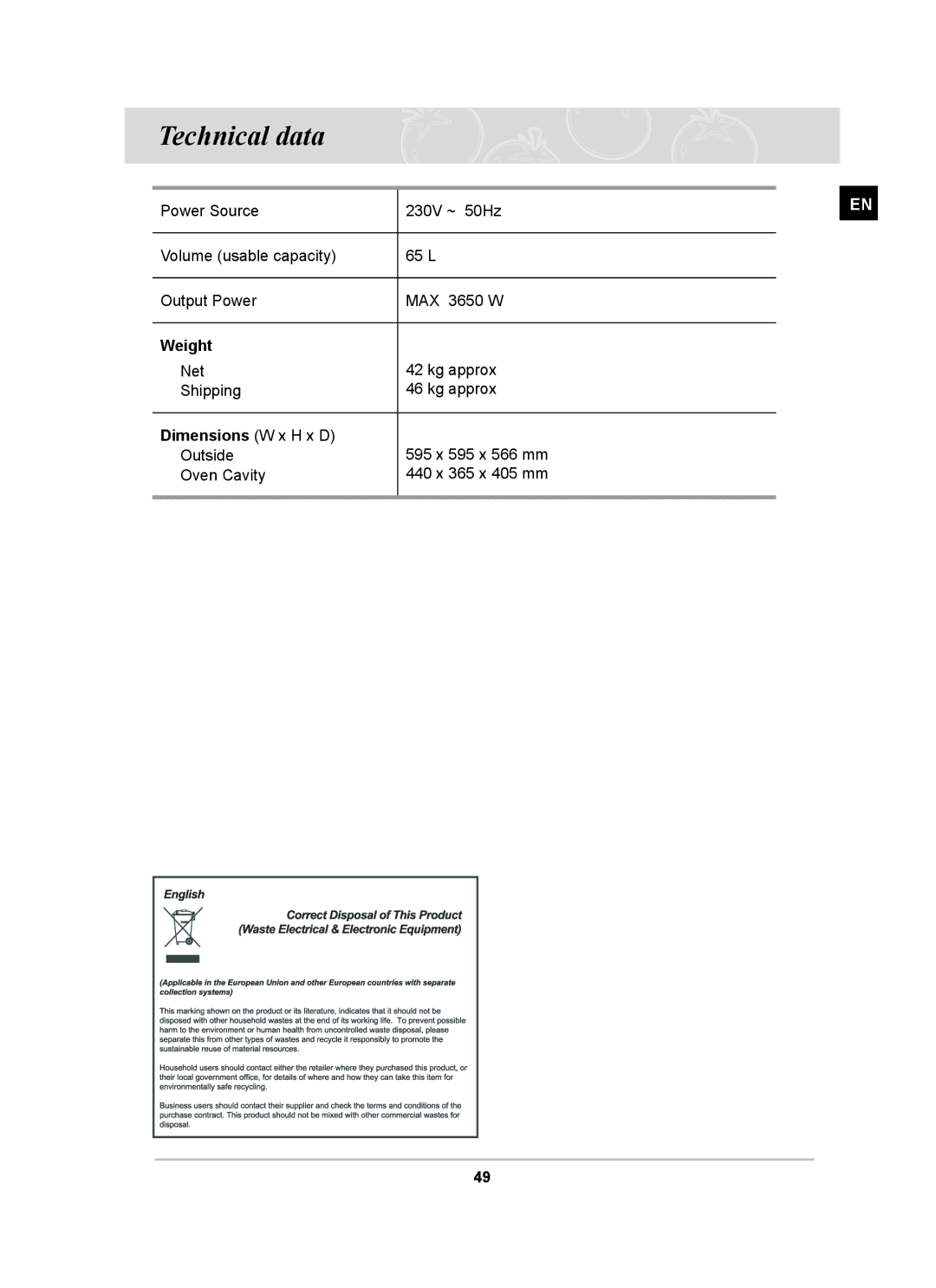 Samsung BT63TDFST/XEH, BT63TDFST/BOL manual Technical data, Weight, Dimensions W x H x D 