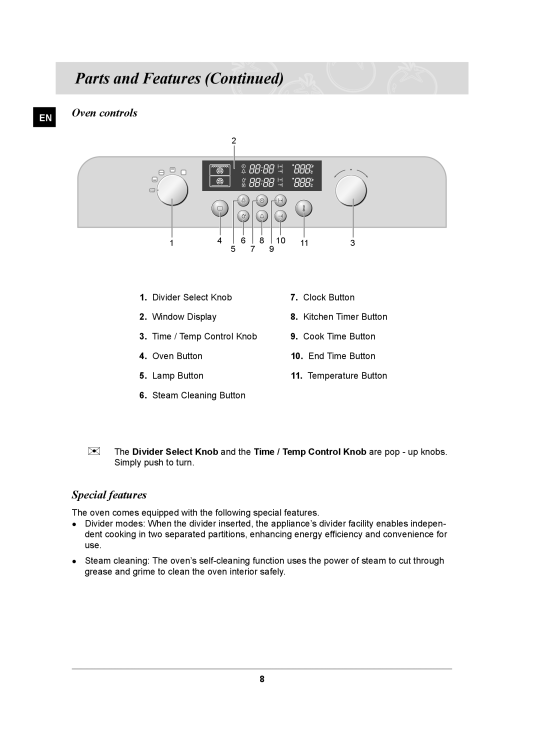 Samsung BT63TDFST/BOL, BT63TDFST/XEH manual Oven controls, Special features 