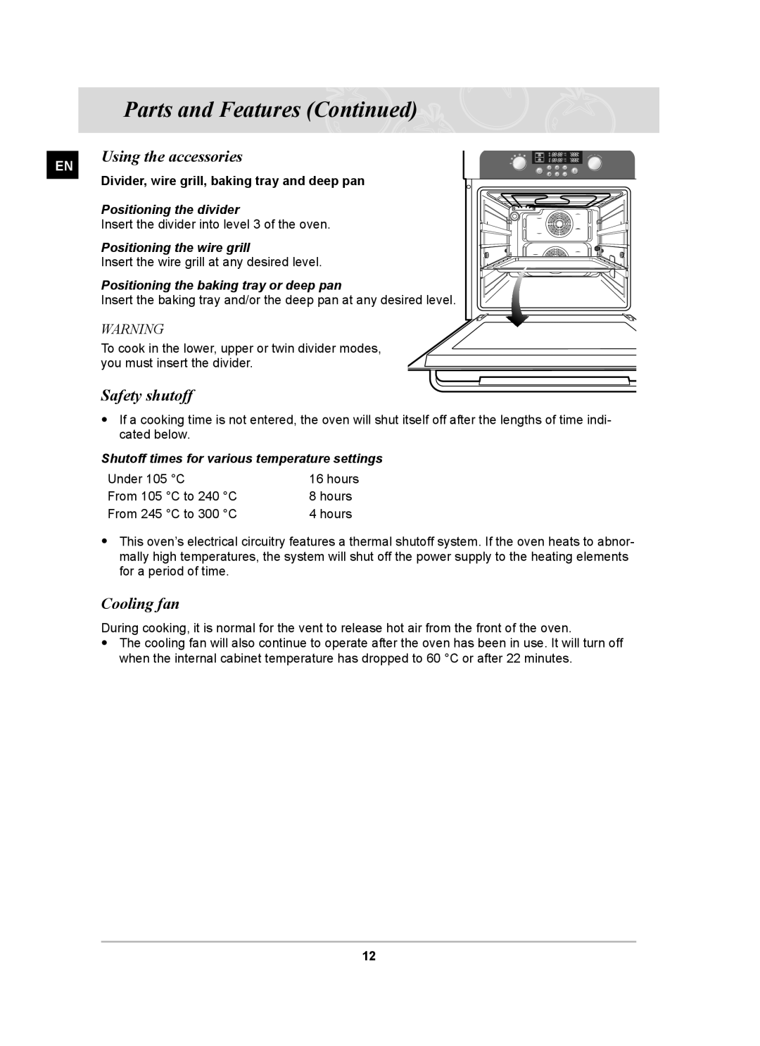 Samsung BT63TDFST/BOL, BT63TDFST/XEH manual Using the accessories, Safety shutoff, Cooling fan 