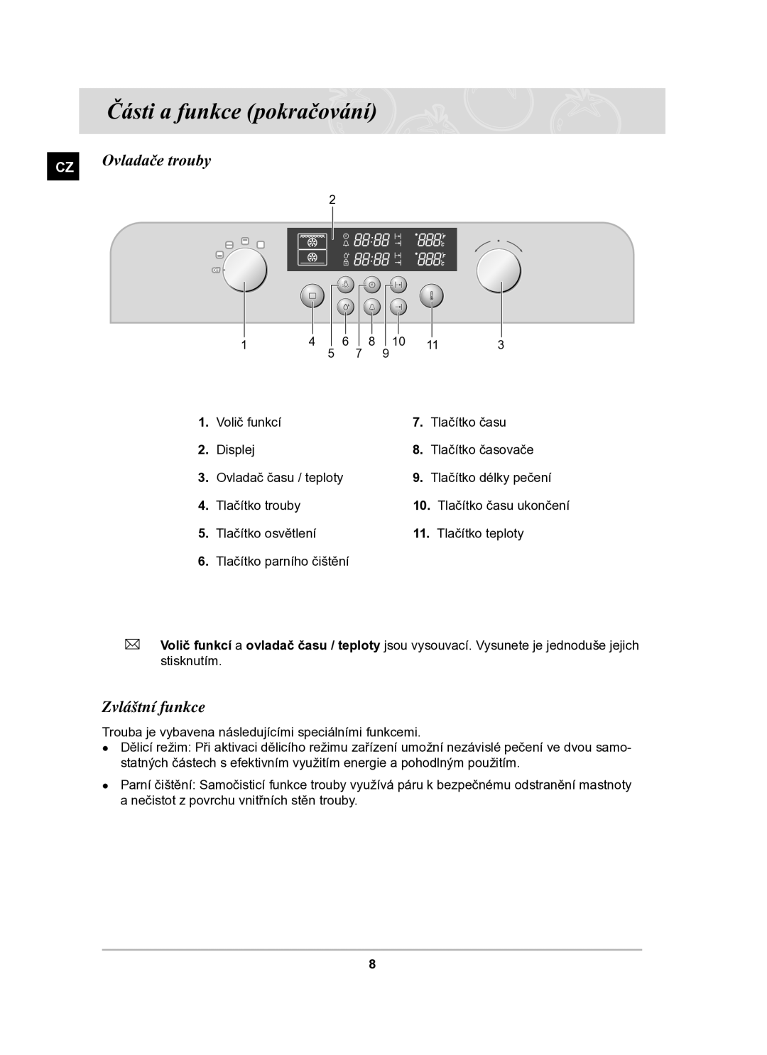 Samsung BT63TDFST/XEH manual Části a funkce pokračování, Zvláštní funkce 