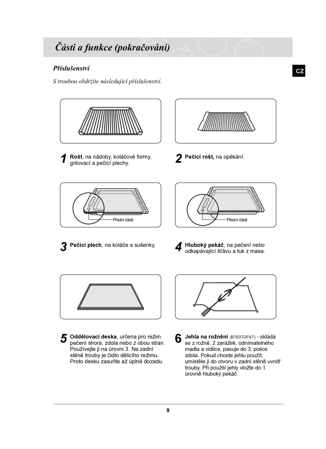 Samsung BT63TDFST/XEH manual Příslušenství, Troubou obdržíte následující příslušenství 