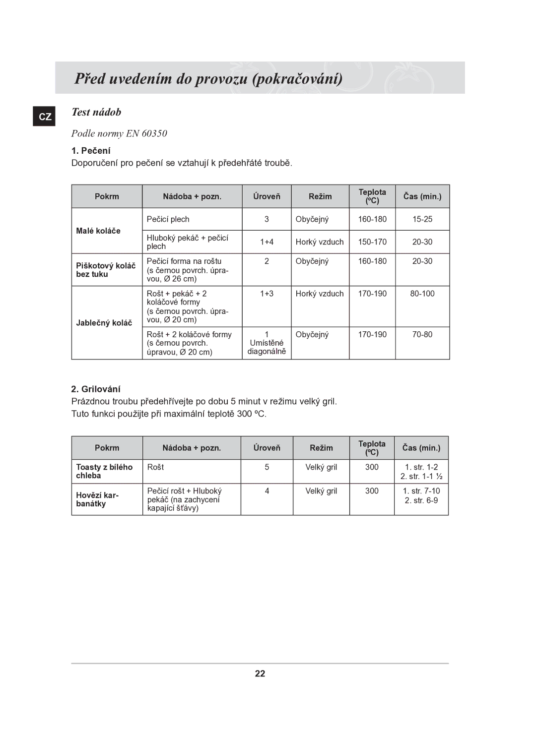 Samsung BT63TDFST/XEH manual Test nádob, Podle normy EN, Pečení, Grilování 