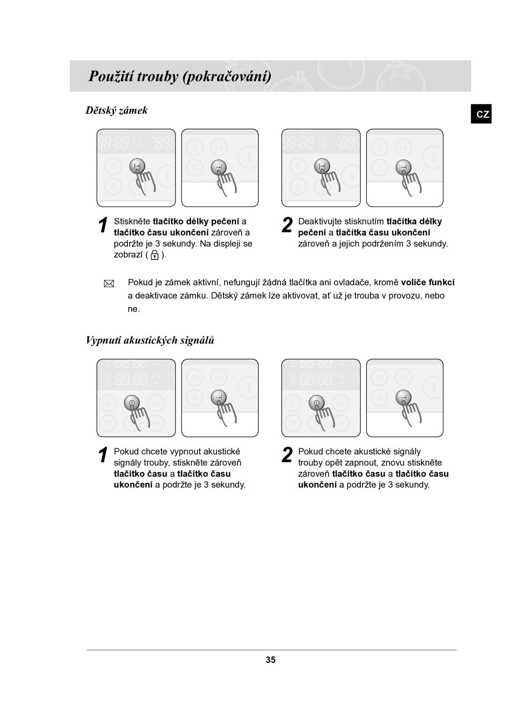 Samsung BT63TDFST/XEH manual Dětský zámek, Vypnutí akustických signálů 