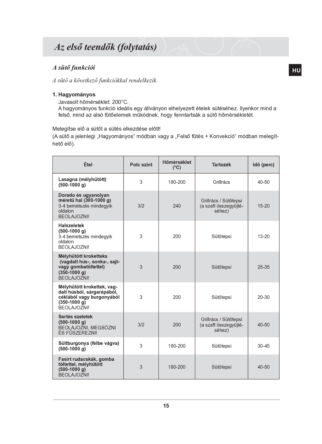 Samsung BT63TDFST/XEH manual Sütő funkciói, Sütő a következő funkciókkal rendelkezik, Hagyományos 