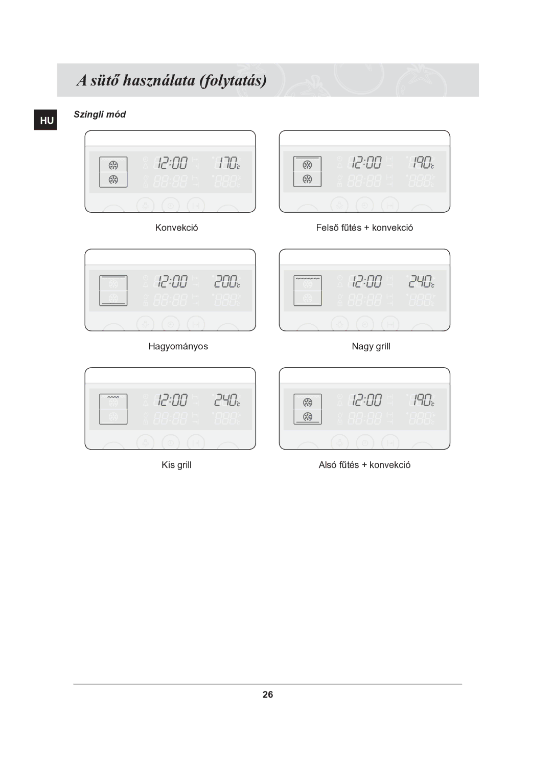 Samsung BT63TDFST/XEH manual Hagyományos Nagy grill Kis grill 