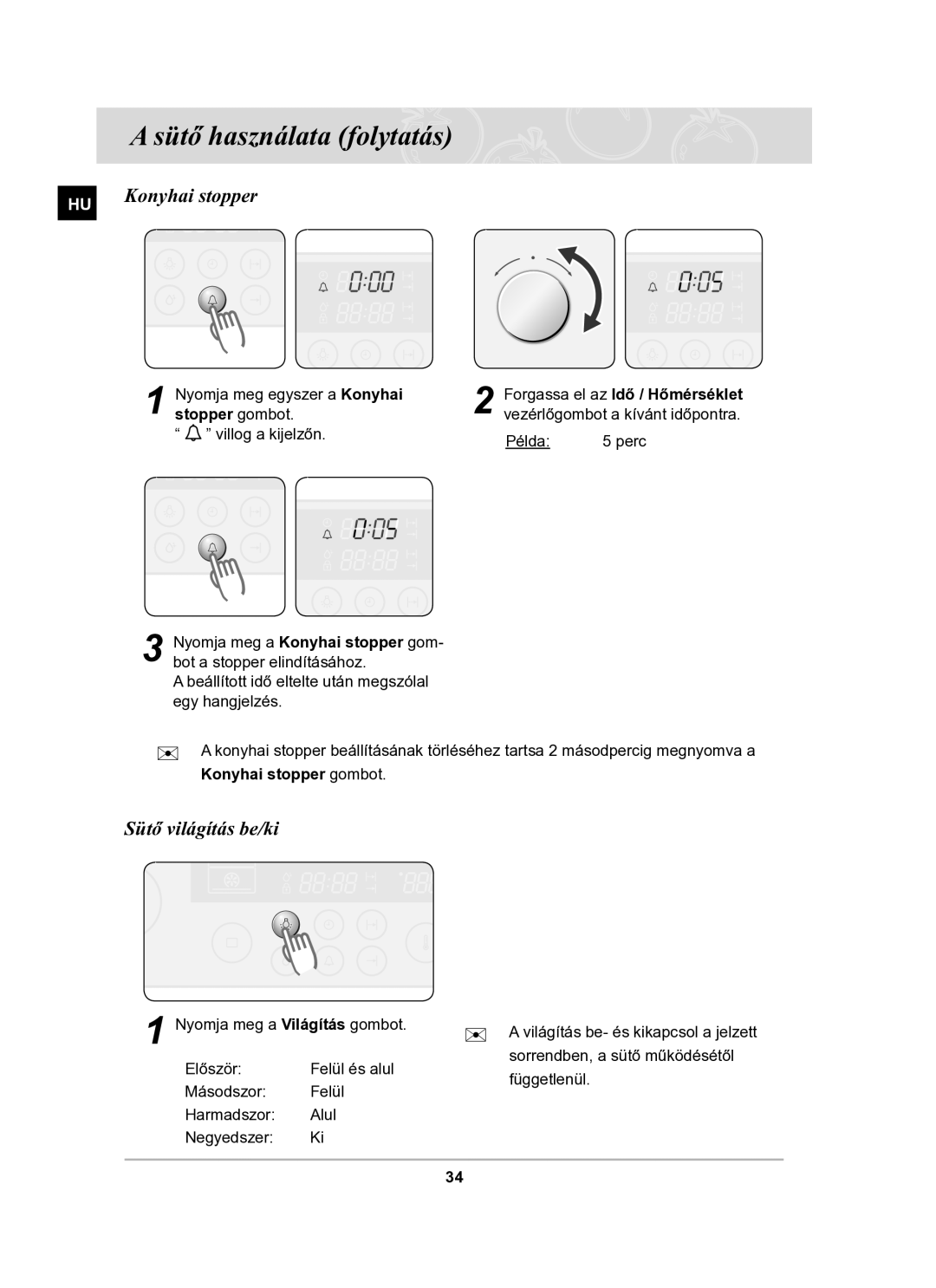 Samsung BT63TDFST/XEH manual Konyhai stopper, Sütő világítás be/ki 