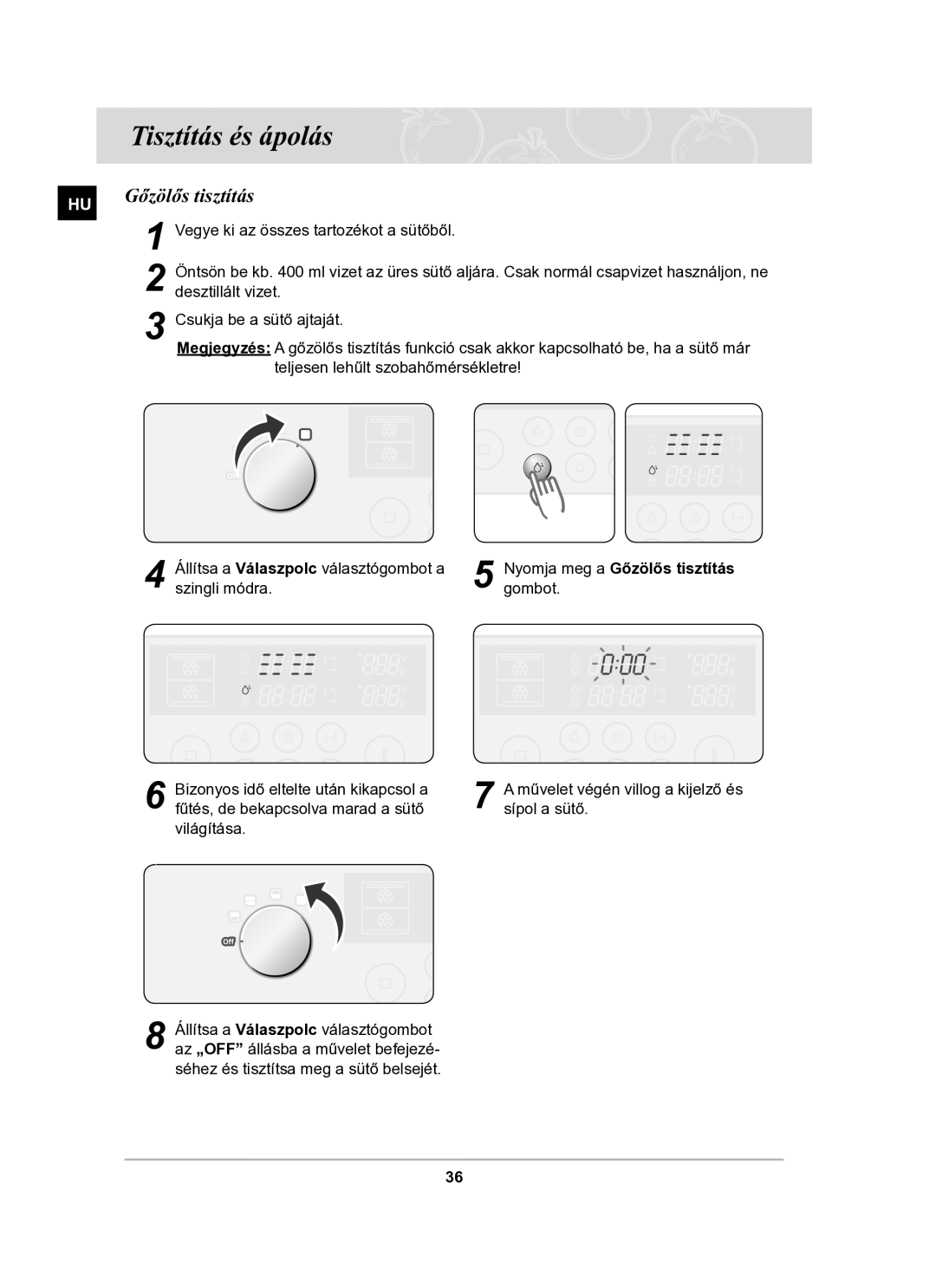 Samsung BT63TDFST/XEH manual Tisztítás és ápolás, Gőzölős tisztítás 