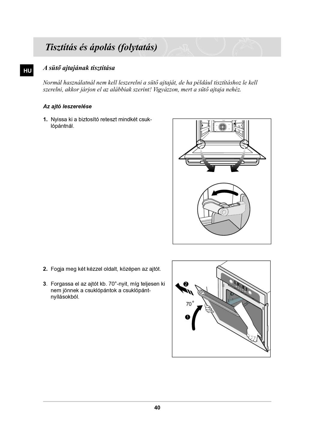 Samsung BT63TDFST/XEH manual Sütő ajtajának tisztítása, Az ajtó leszerelése 