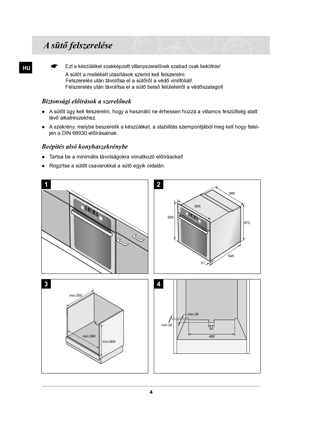 Samsung BT63TDFST/XEH manual Sütő felszerelése, Biztonsági előírások a szerelőnek, Beépítés alsó konyhaszekrénybe 