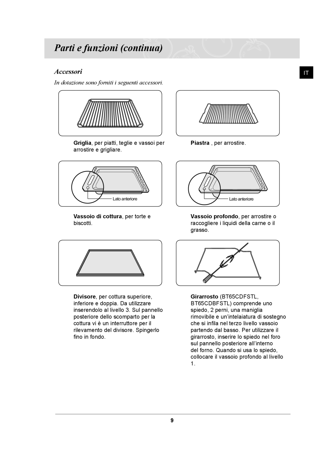 Samsung BT65CDBSTL/XET manual Parti e funzioni continua, Accessori 