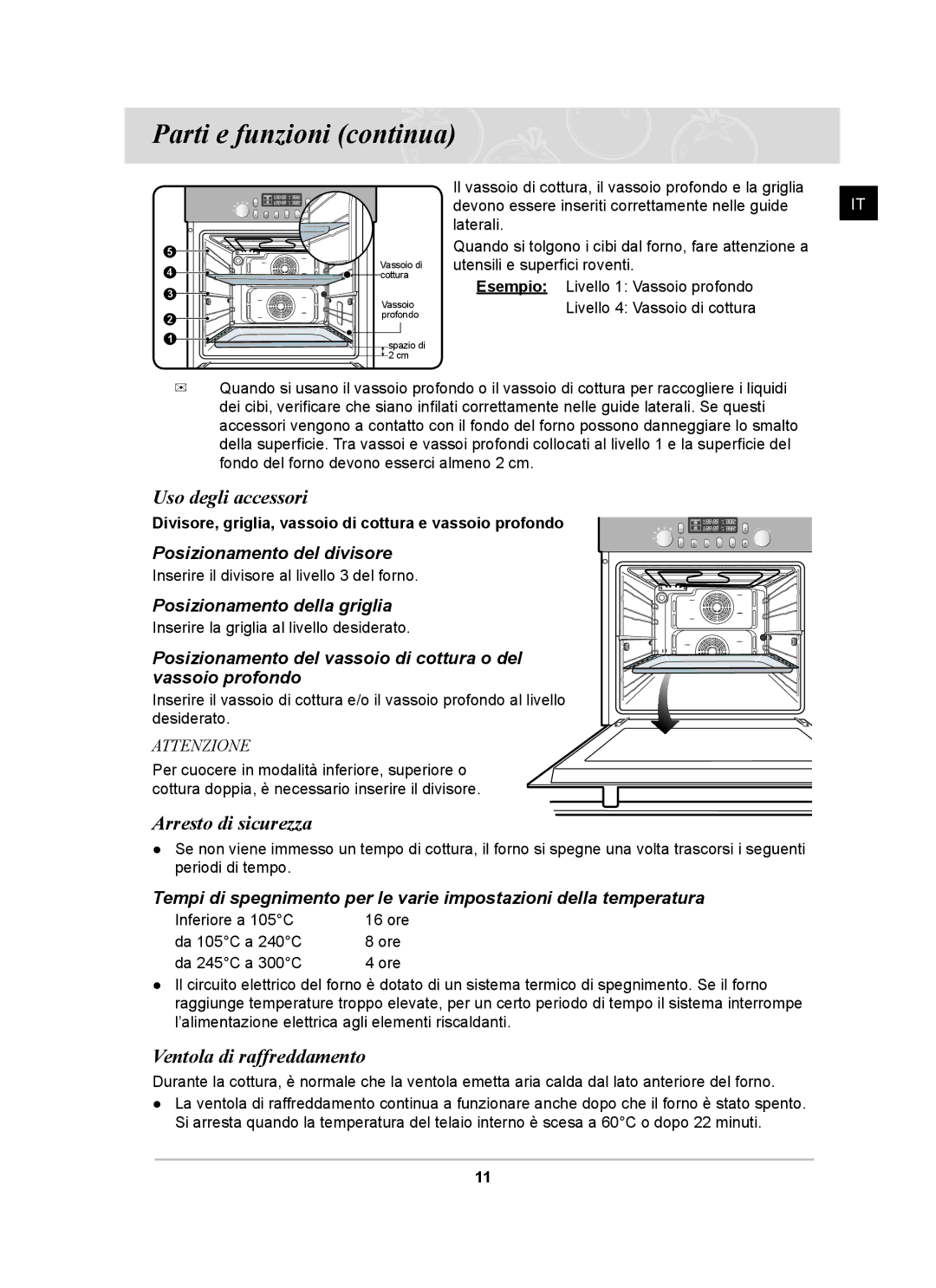 Samsung BT65CDBSTL/XET Uso degli accessori, Arresto di sicurezza, Ventola di raffreddamento, Posizionamento del divisore 