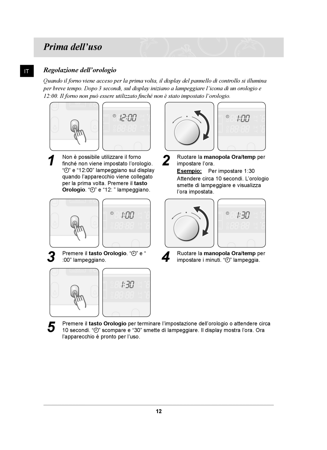 Samsung BT65CDBSTL/XET manual Prima dell’uso, Regolazione dell’orologio 