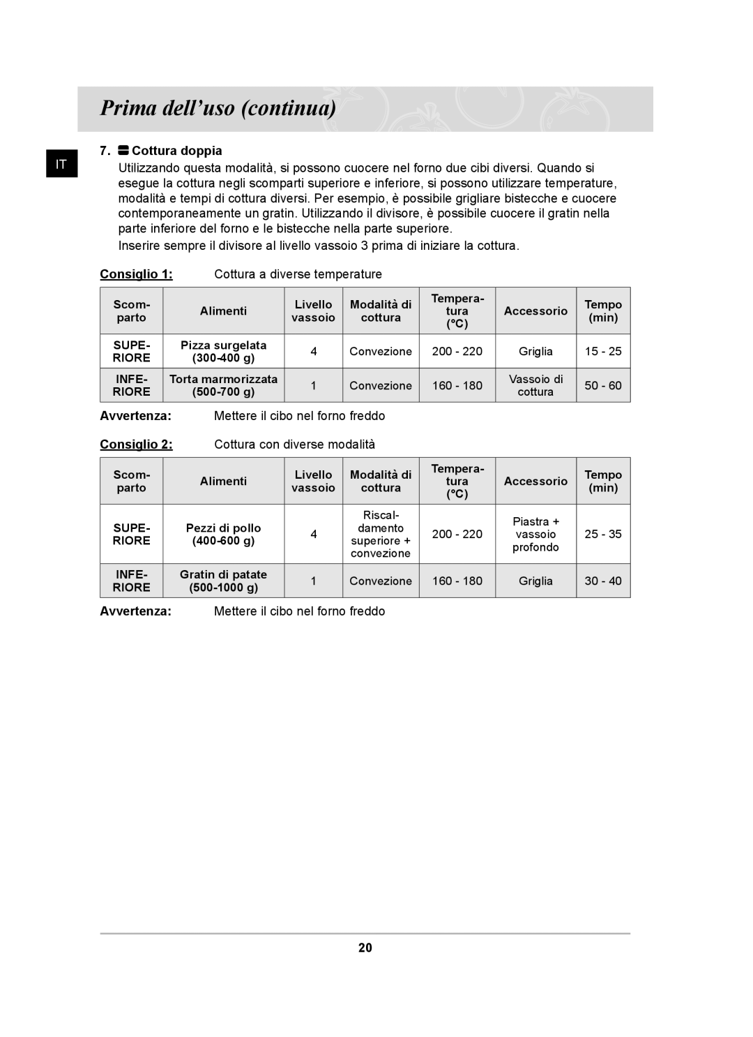 Samsung BT65CDBSTL/XET manual Avvertenza Mettere il cibo nel forno freddo 