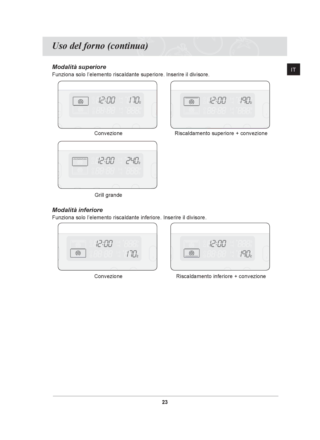 Samsung BT65CDBSTL/XET manual Uso del forno continua, Modalità inferiore 