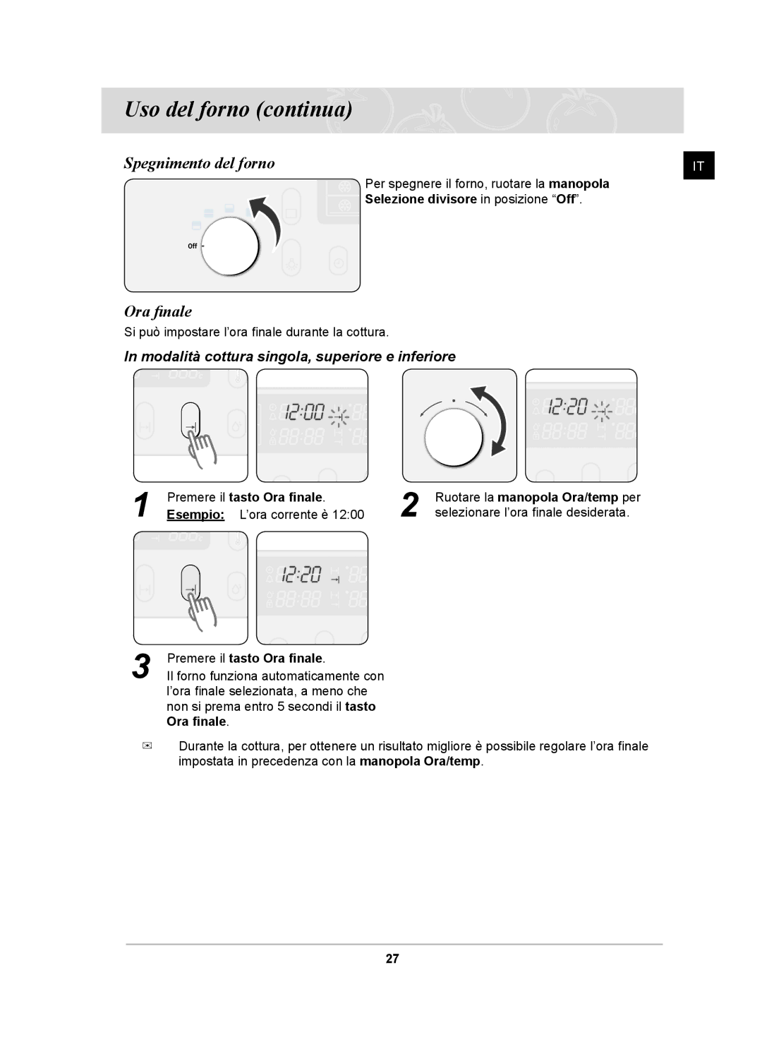 Samsung BT65CDBSTL/XET manual Spegnimento del forno, Ora ﬁnale, Modalità cottura singola, superiore e inferiore 