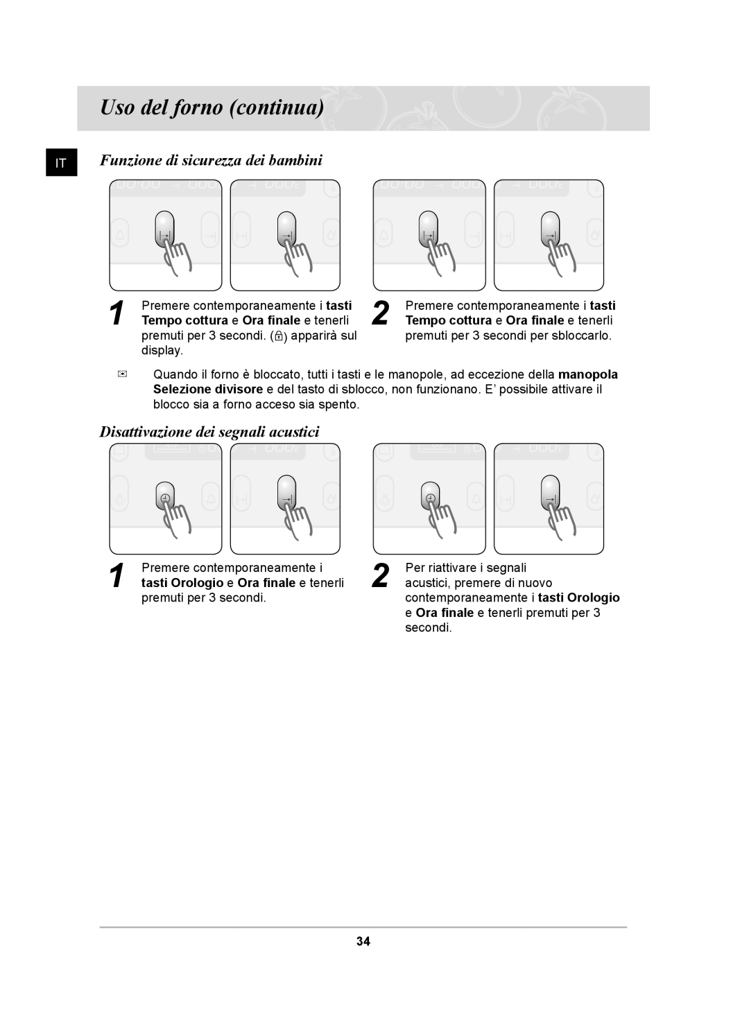 Samsung BT65CDBSTL/XET manual Funzione di sicurezza dei bambini, Disattivazione dei segnali acustici 