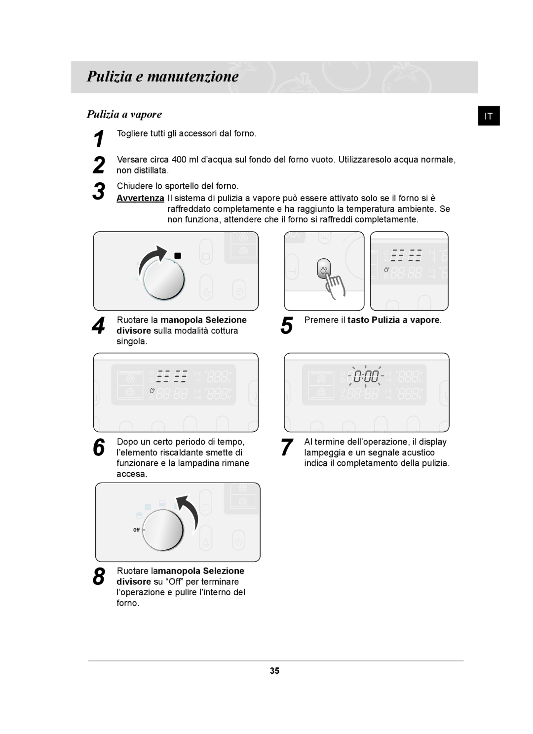 Samsung BT65CDBSTL/XET manual Pulizia e manutenzione, Pulizia a vapore 