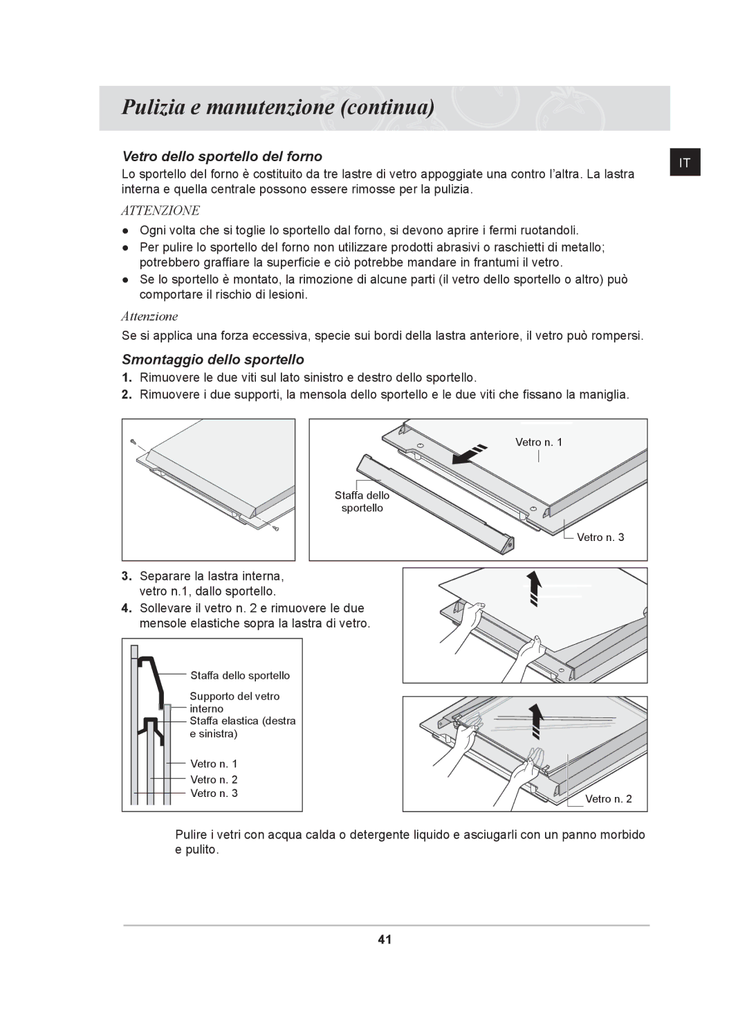 Samsung BT65CDBSTL/XET manual Vetro dello sportello del forno, Smontaggio dello sportello 