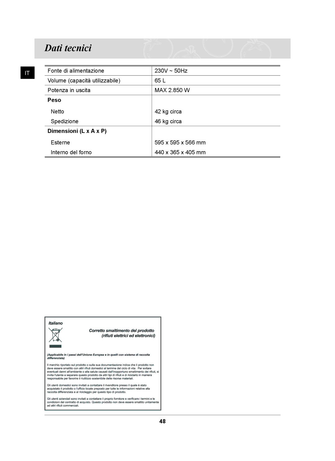 Samsung BT65CDBSTL/XET manual Dati tecnici, Peso, Dimensioni L x a x P 