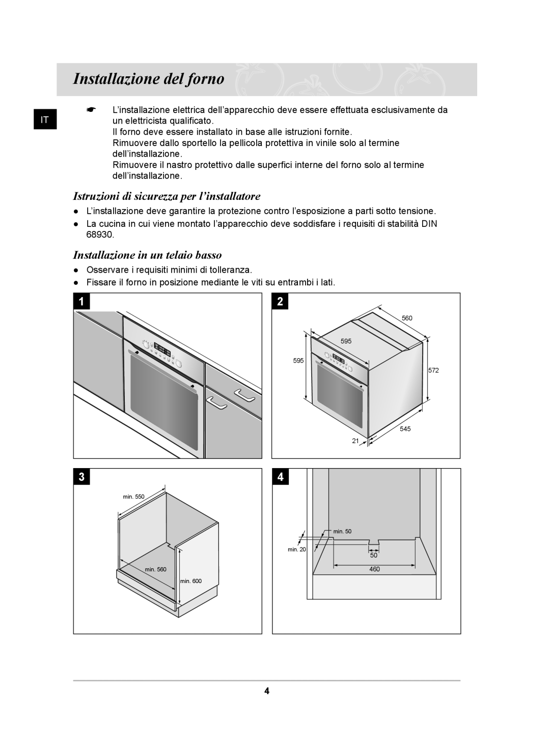 Samsung BT65CDBSTL/XET manual Installazione del forno, Istruzioni di sicurezza per l’installatore 