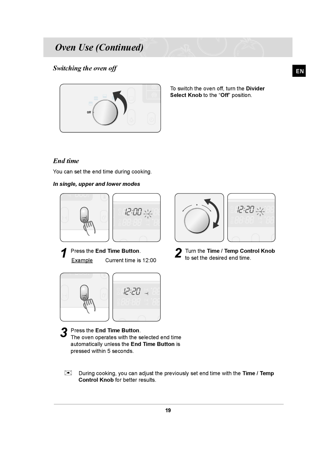 Samsung BT65CDST/FAL manual Switching the oven off, End time, Single, upper and lower modes, Press the End Time Button 