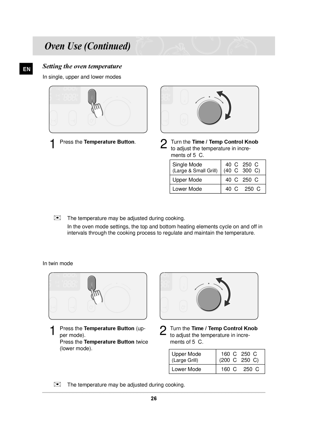 Samsung BT65CDST/BOL manual Setting the oven temperature, Press the Temperature Button twice 