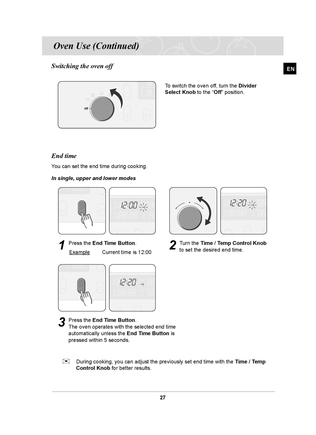 Samsung BT65CDST/BOL manual Switching the oven off, End time, Single, upper and lower modes, Press the End Time Button 