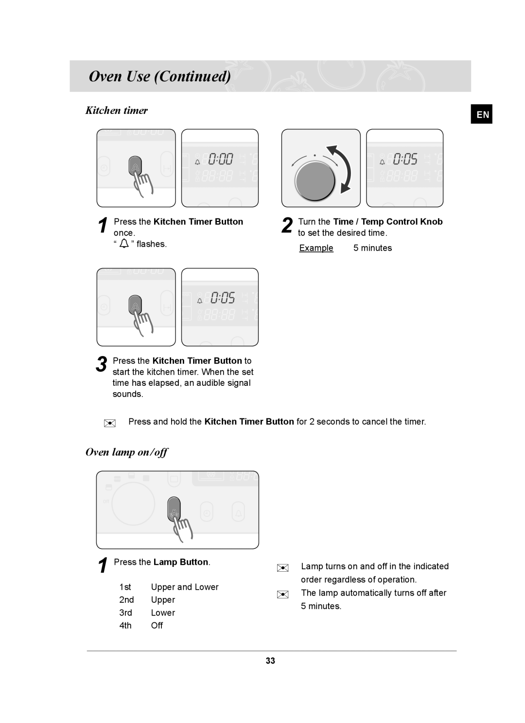 Samsung BT65CDST/BOL manual Kitchen timer, Oven lamp on/off, Pressonce.. the Kitchen Timer Button 