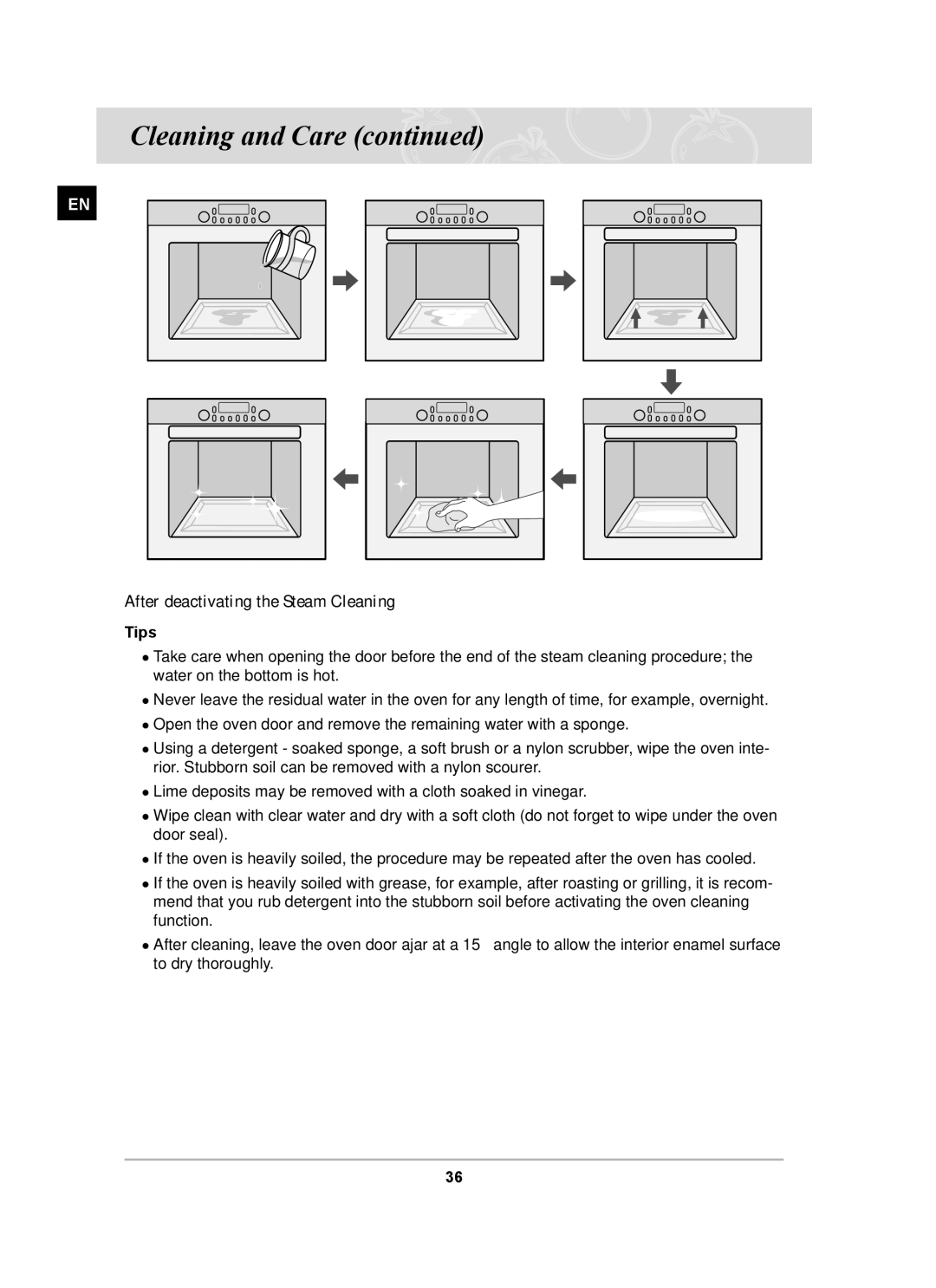 Samsung BT65CDST/BOL manual After deactivating the Steam Cleaning, Tips 