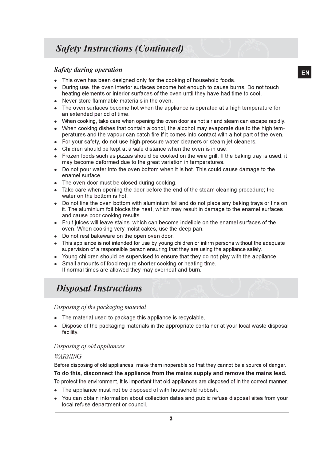 Samsung BT65CDST/BOL manual Disposal Instructions, Safety during operation, Disposing of the packaging material 