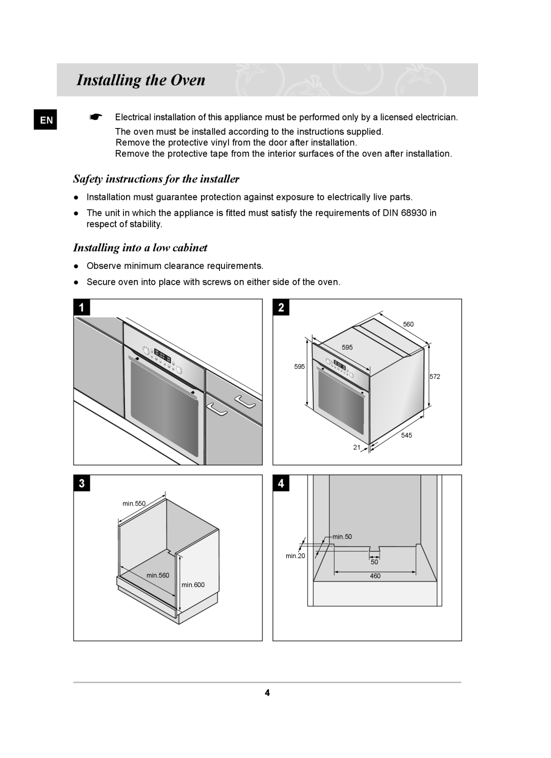 Samsung BT65CDST/BOL manual Installing the Oven, Safety instructions for the installer, Installing into a low cabinet 