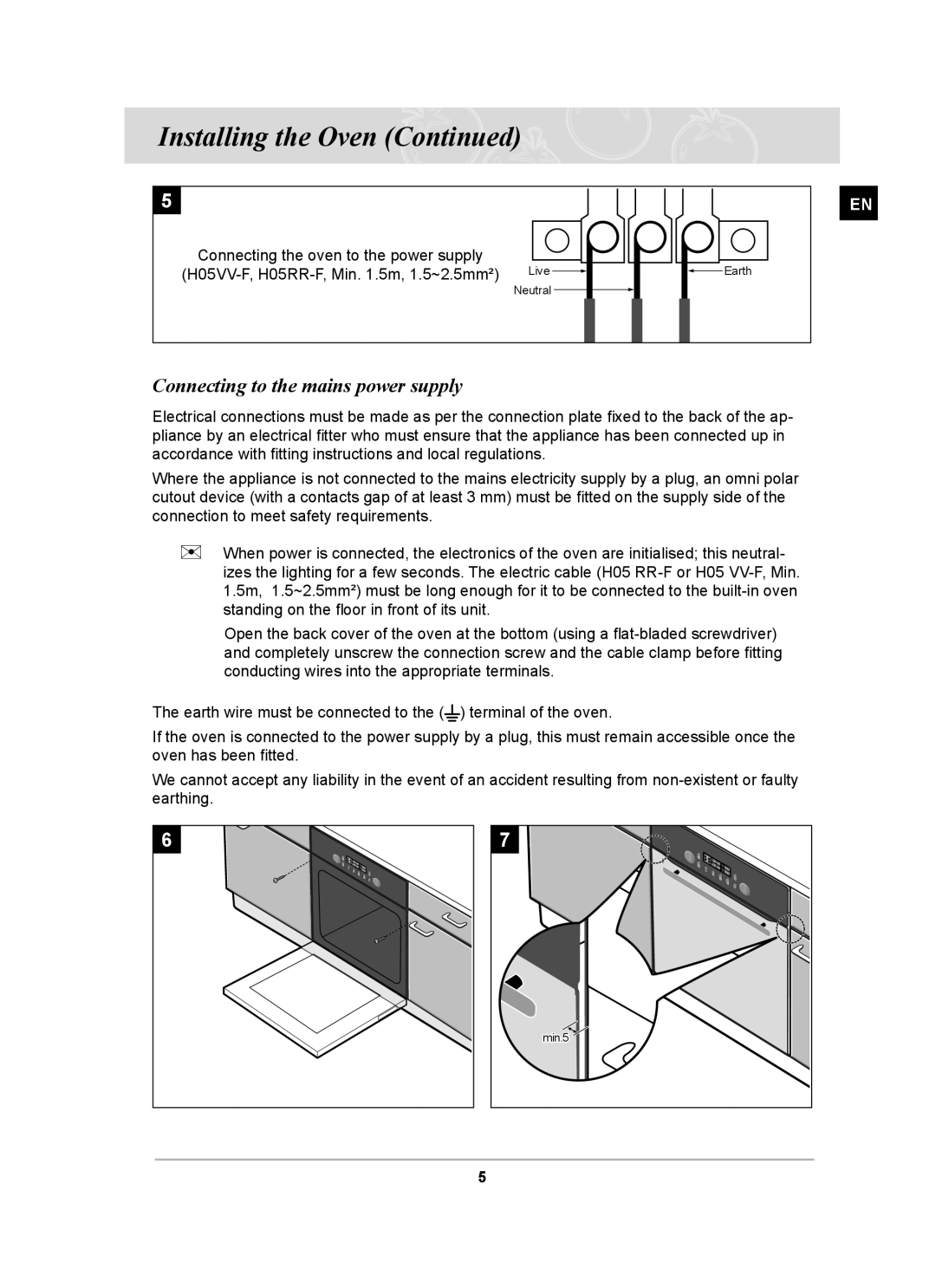 Samsung BT65CDST/BOL manual Connecting to the mains power supply 