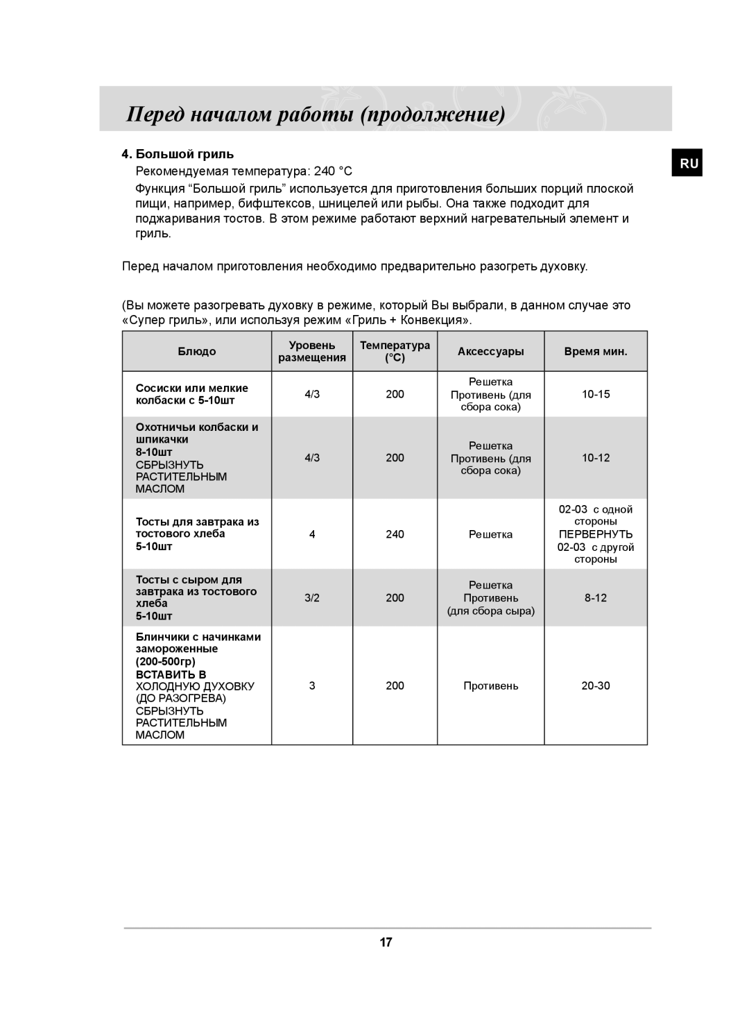 Samsung BT65CDSTR/BWT manual Большой гриль Рекомендуемая температура 240 С 