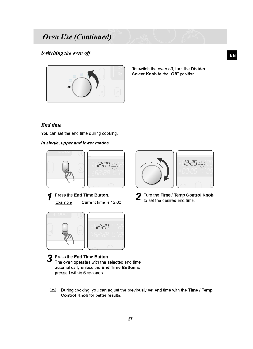 Samsung BT65CDST/SLI manual Switching the oven off, End time, Single, upper and lower modes, Press the End Time Button 