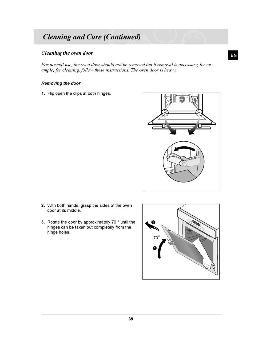 Samsung BT65CDST/SLI manual Cleaning the oven door, Removing the door 