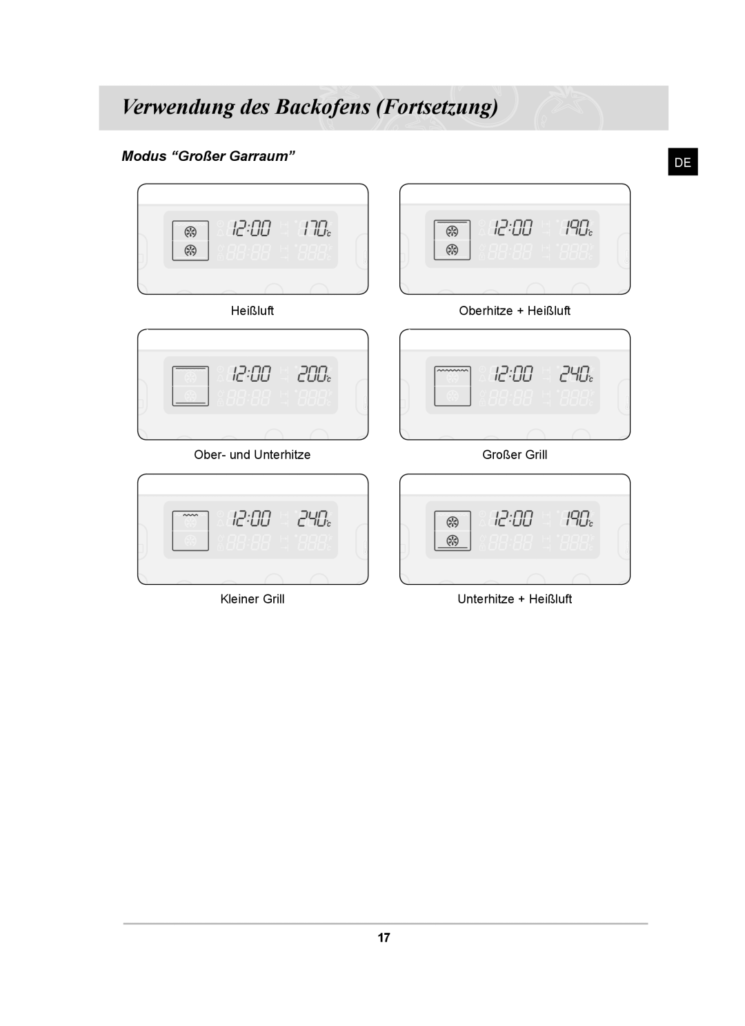 Samsung BT65CDSTR/BWT, BT65CDST/XEG manual Modus Großer Garraum 