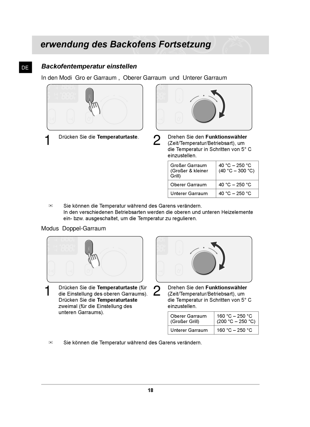 Samsung BT65CDST/XEG manual Backofentemperatur einstellen, Den Modi Großer Garraum, Oberer Garraum und Unterer Garraum 