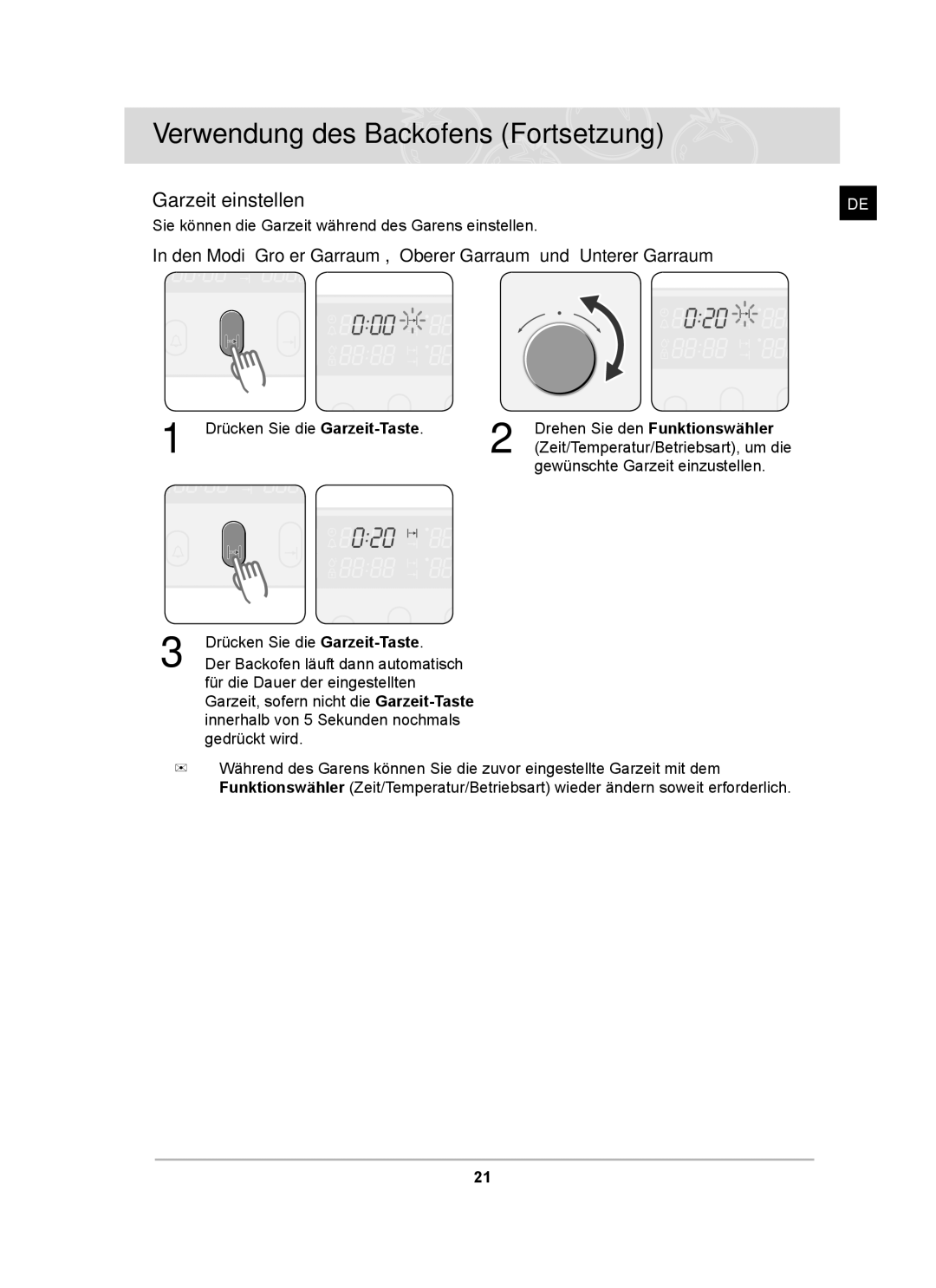 Samsung BT65CDSTR/BWT, BT65CDST/XEG manual Garzeit einstellen, Gewünschte Garzeit einzustellen 