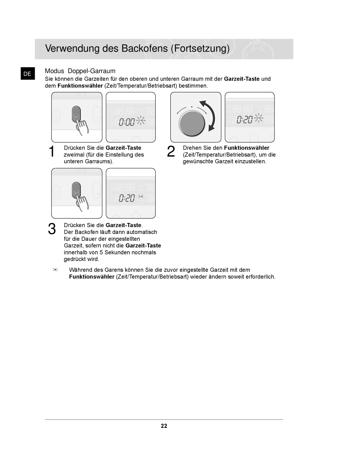 Samsung BT65CDST/XEG, BT65CDSTR/BWT manual Dem Funktionswähler Zeit/Temperatur/Betriebsart bestimmen 